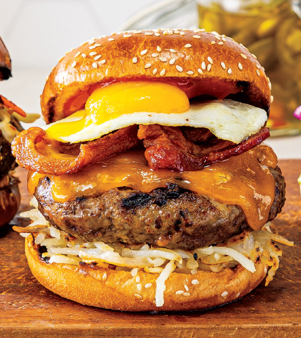 Egg Bacon Cheese Burger - Beer onions, cheese, American Mustard-Mayo