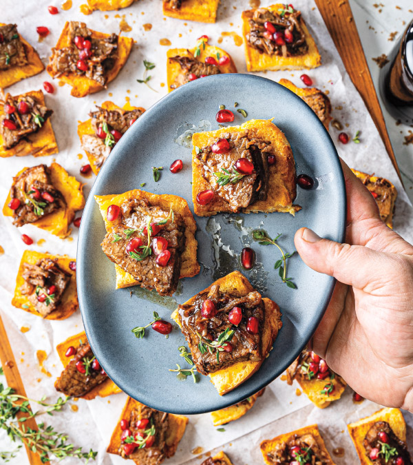 Balsamic-Brown Sugar Brisket Bites with Pomegranate & Onion