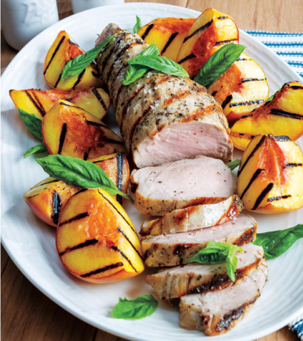Basil-Champagne Grilled Pork Tenderloin with Grilled Peaches<br />
