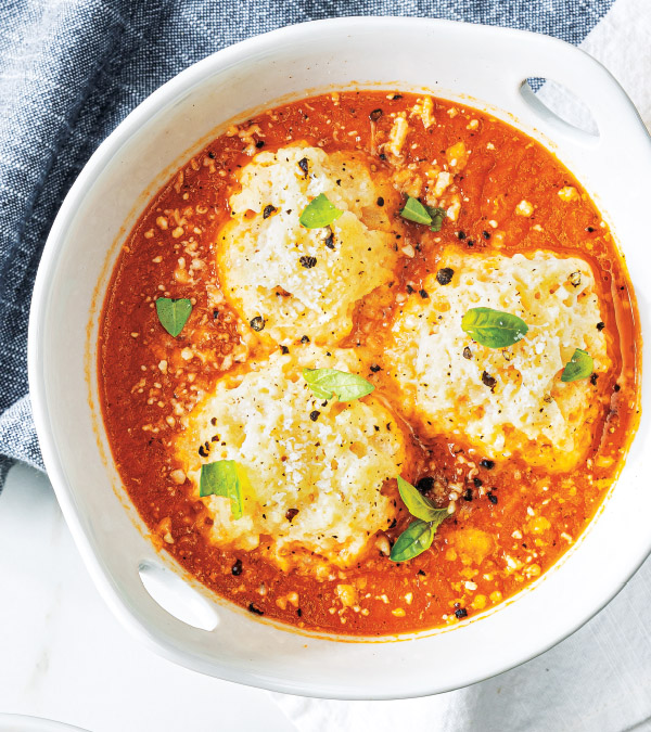 Basil-Tomato Soup with Cheesy Matzo Balls
