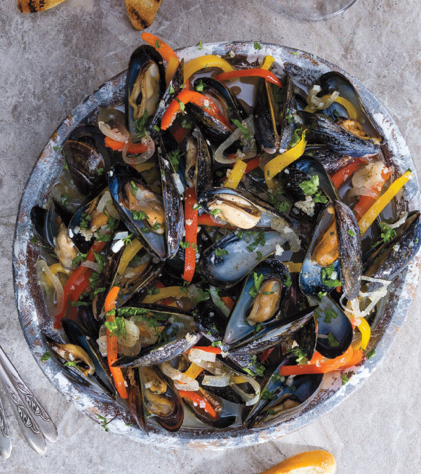 Beer-Steamed Mussels with Peppers & Shallots