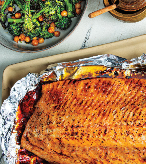 Broiled Honey Salmon with Chipotle-Lime Baby Broccoli & Garbanzos