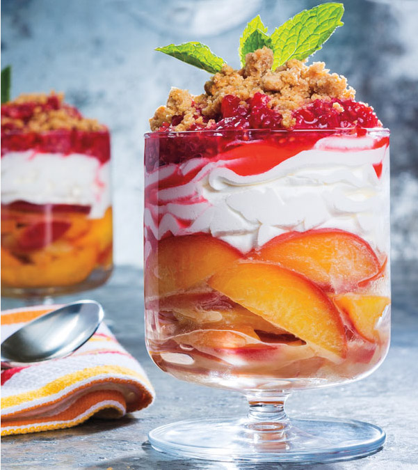 Brown Sugar Peach Parfait with Smashed Raspberries & Salted Graham Cracker Crumble