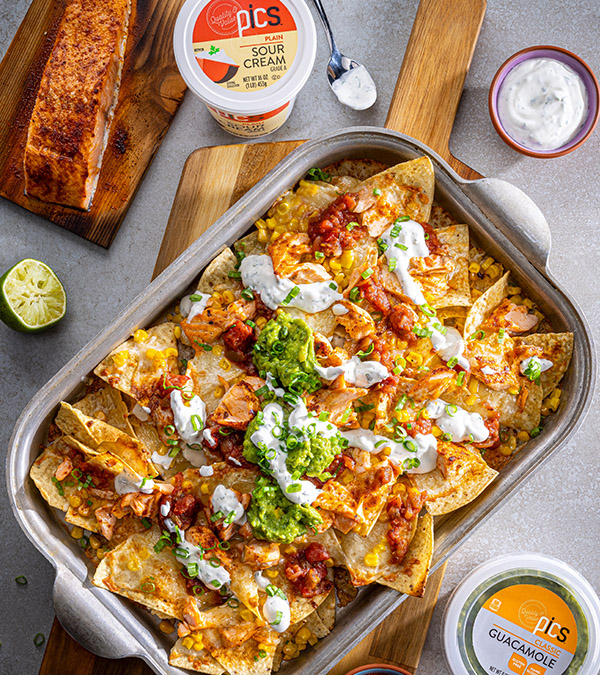 Cedar Plank Salmon Nachos with Cilantro-Lime Crema