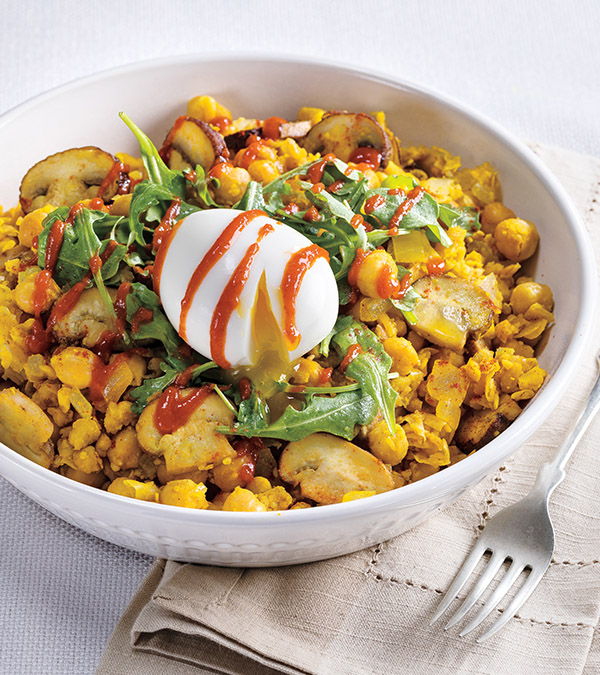 Chickpea & Mushroom Scramble with Soft-Cooked Eggs
