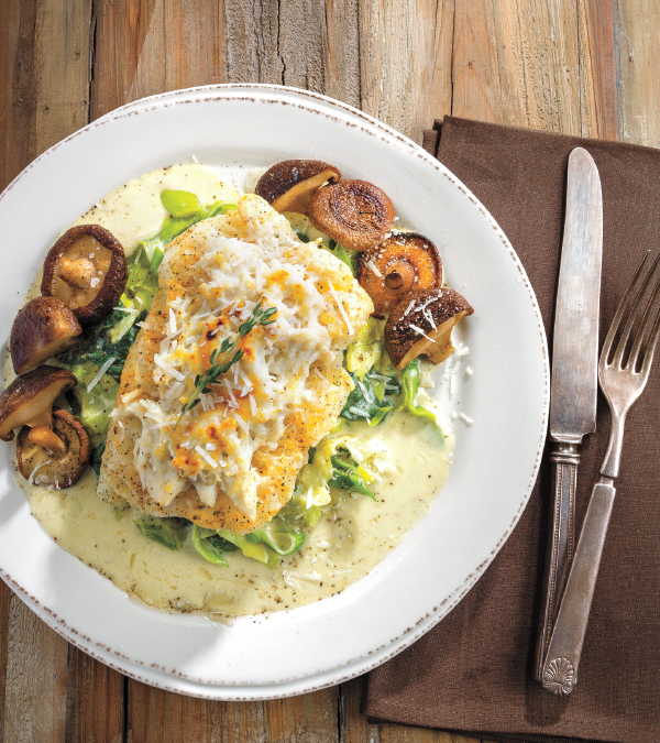Crab & Parmesan Encrusted Cod with Creamed Leeks, Spinach and Shiitakes