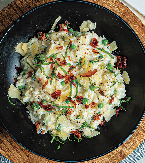 Creamy Parmesan & Pea Risotto with Prosciutto Crisps