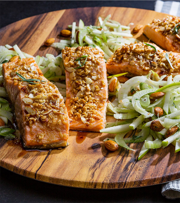 Crispy Honey Nut Baked Salmon with Almond-Fennel Salad