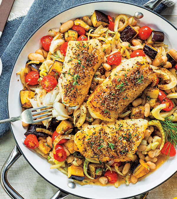 Fennel-Crusted Cod with Sicilian Cannellini Beans & Eggplant