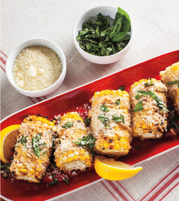 Grilled Corn with Parmesan Spread & Basil