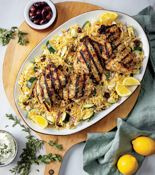 Grilled Lemon-Oregano Chicken Thighs with Zucchini Orzo