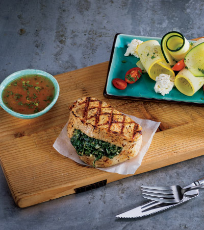 Grilled Lemon-Spinach Stuffed Pork Chops with Shaved Summer Squash & Tomato Salad