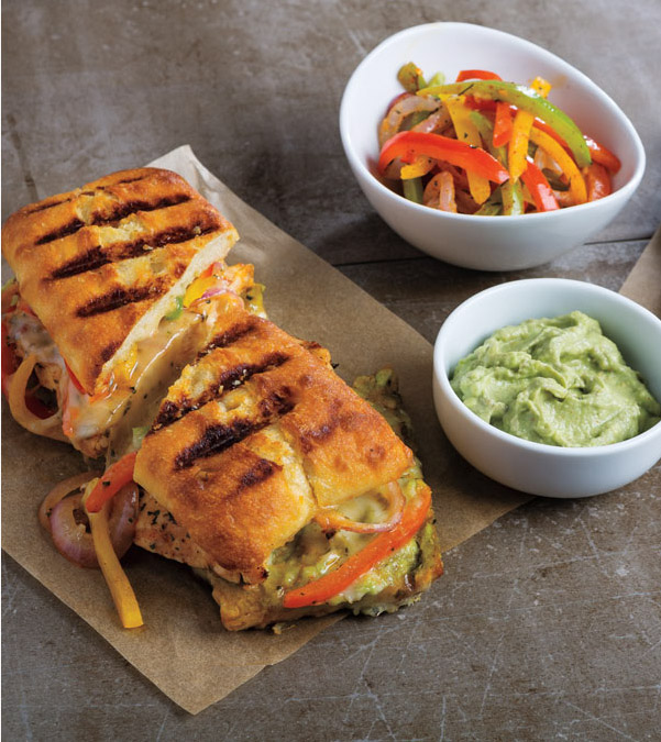 Grilled Lime Chicken & Bell Pepper Panini with Chipotle-Avocado Cream