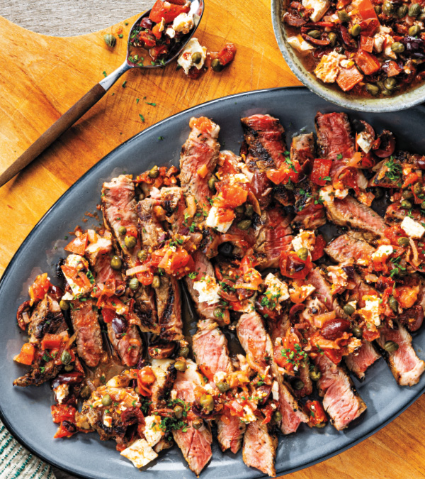 Grilled New York Strip Steaks with Tomato, Olive & Feta Relish