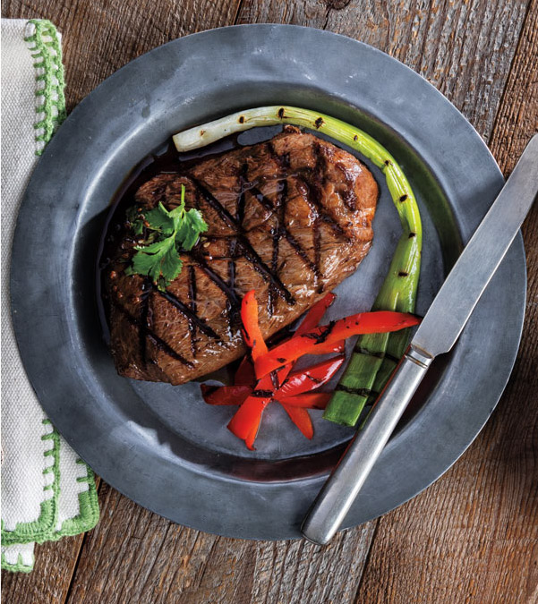 Grilled Orange-Teriyaki Steaks with Grilled Scallions & Bell Peppers