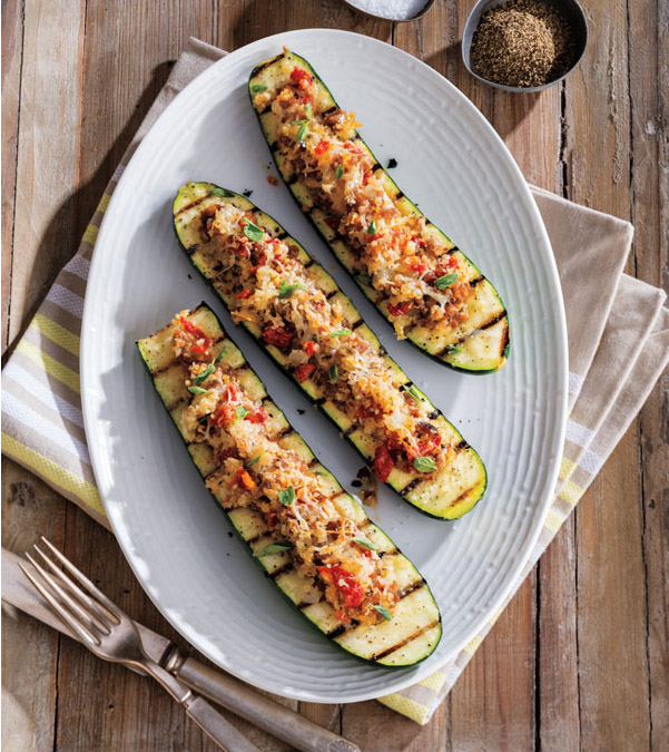 Grilled Quinoa & Sausage Stuffed Zucchini Boats