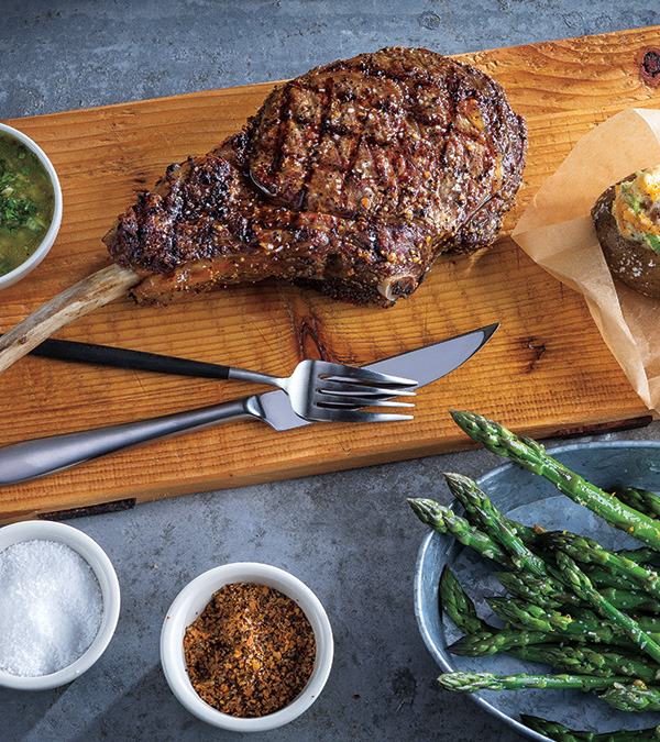 Grilled Tomahawk Steaks With Chimichurri Sauce And Lemon Garlic Asparagus 