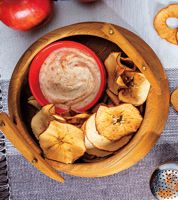 Healthy Baked Apple Chips with Maple-Almond Yogurt Dip