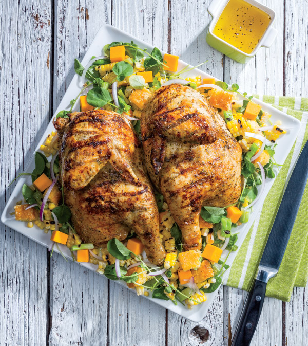 Ithaca-Style Chicken with Grilled Green Onion, Cheddar & Corn Bread Salad