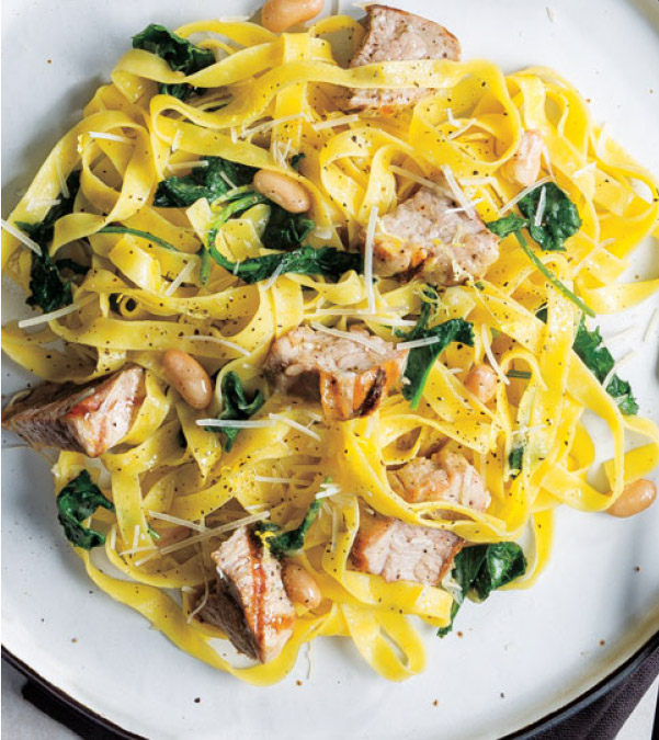 Leftover Lemony Pork, Kale & White Bean Fettuccine