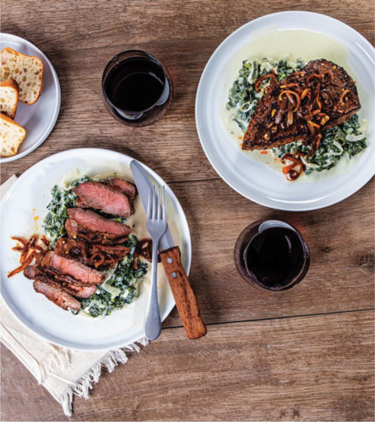 Pan-Roasted Cajun-Rubbed Strip Steaks with White Cheddar-Creamed Kale