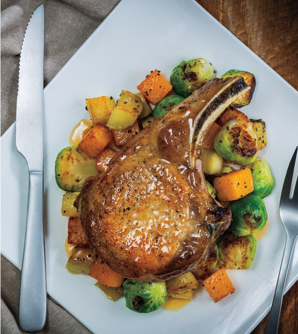 Pan-Seared Pork Chops with Roasted Apples, Squash & Brussels Sprouts