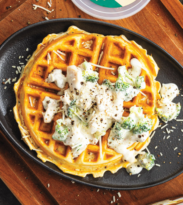 Parmesan-Black Pepper Waffles with Turkey-Broccoli Alfredo