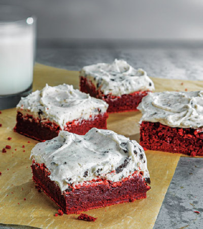 Red Velvet Brownies with Cookies & Cream Frosting