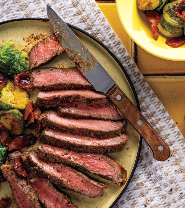 Seared Ribeye with Maple-Bacon Brussels Sprouts