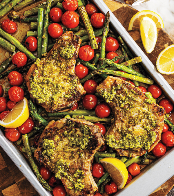 Sheet Pan Pesto Pork Chops, Tomatoes & Asparagus
