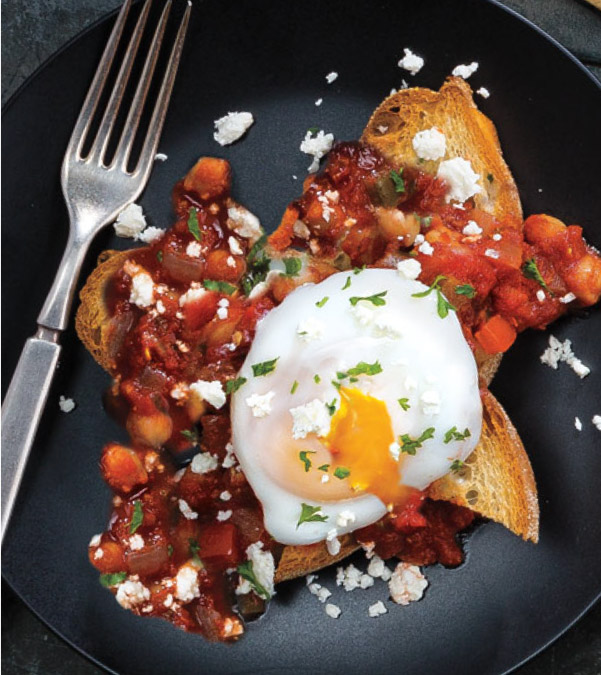 Spicy Peppers & Chickpeas in Tomato Sauce with Poached Eggs