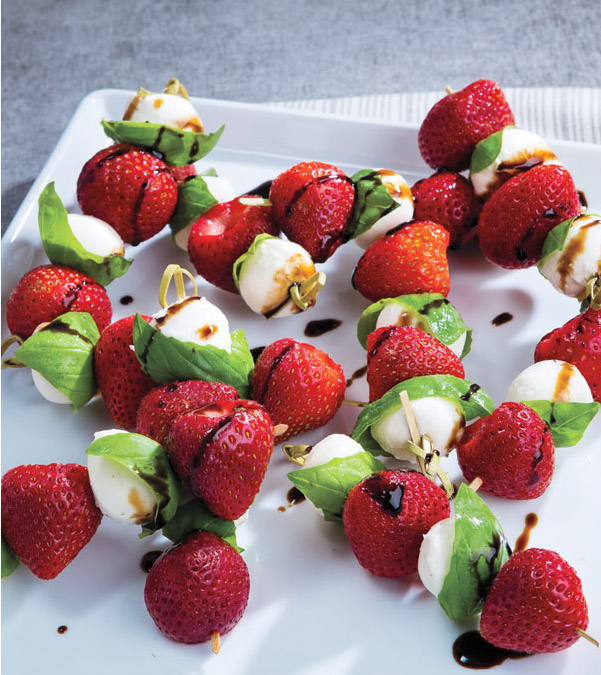 Strawberry, Basil, Mozzarella Skewers with Balsamic Reduction