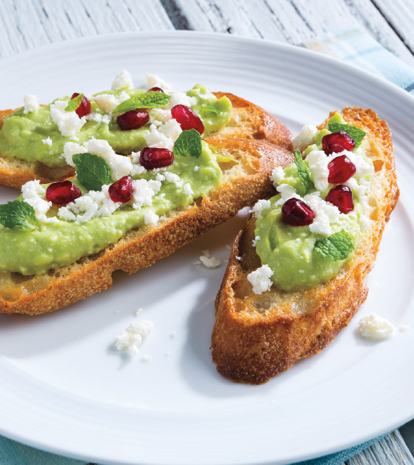 Whipped Avocado, Feta & Pomegranate Crostini