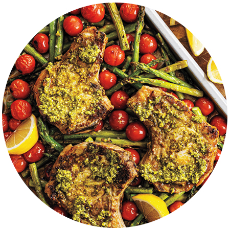 Sheet Pan Pesto Pork Chops, Tomatoes & Asparagus 